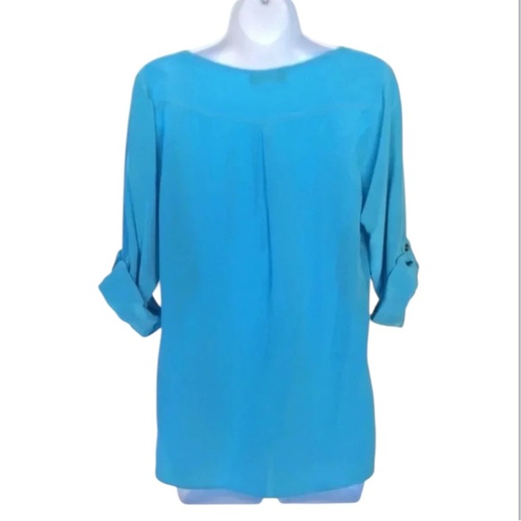 Amanda Uprichard blue silk blouse boat neck tan sleeves hi low hem Size S - Picture 3 of 7